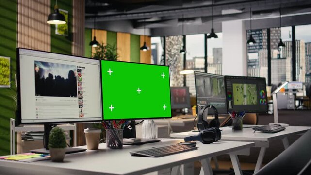 Isolated chroma key and video streaming platform on dual monitors, online entertaining content on social network for monetization and marketing. User engagement, internet of things.