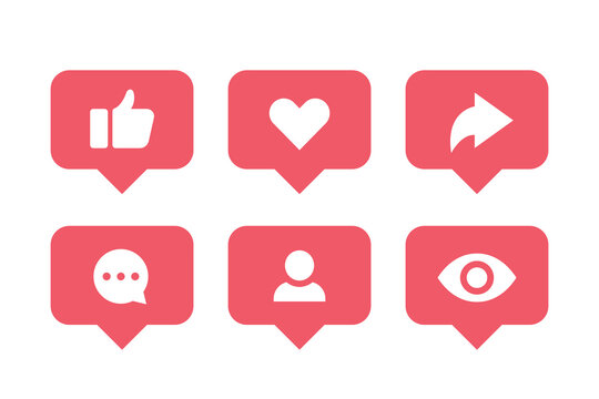 social media notification icons, comment, follow, like, views, share, red speech bubbles vector illustration