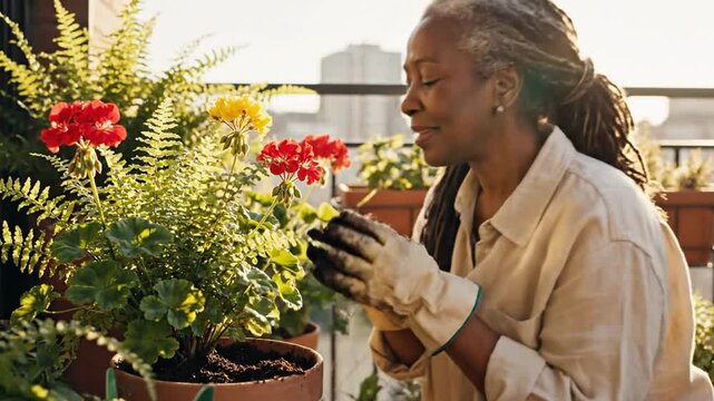 Elderly woman gardening potted plants on balcony at sunset