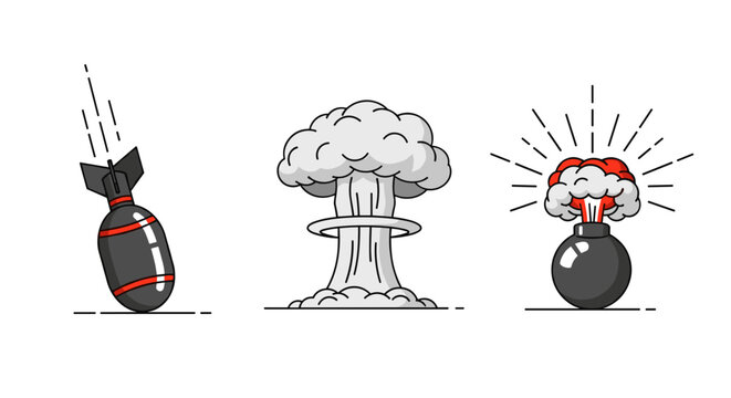 Explosion icons showing a falling bomb, mushroom cloud, and a bomb exploding with a brain inside