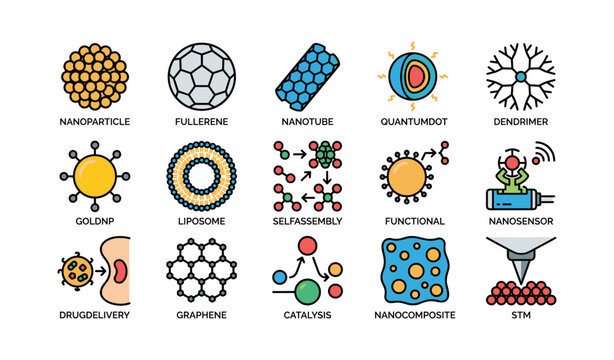 Colorful illustrations of nanotechnology concepts and applications