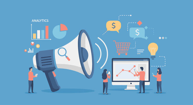 Megaphone with people and business graphics.
