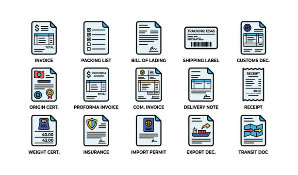 Various shipping and documentation icons: invoice, bill of lading, customs, insurance, export, import
