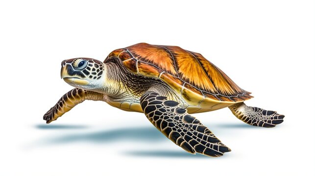 Colorful swimming sea turtle on white background with detailed shell pattern