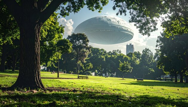 Scenic park with a colossal, disc-shaped object hovering above the trees and cityscape