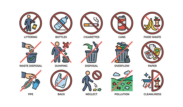 No littering: prohibited waste practices and clean environment symbols