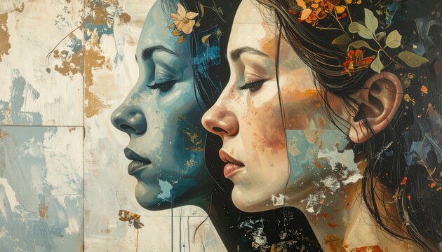 Two women's profile portraits merged, one blue, one warm-toned, adorned with flora