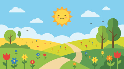 Obraz premium A delightful cartoon landscape showcasing a sunny day with rolling green hills, colorful wildflowers, and a winding path, perfect for a peaceful outdoor adventure