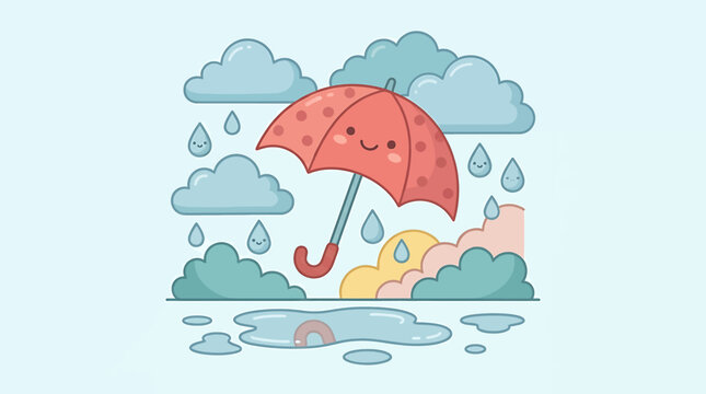 Cheerful cartoon illustration capturing a happy red umbrella smiling brightly on a lovely rainy day, surrounded by soft clouds and a puddle reflecting a small rainbow
