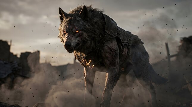 Dark Fantasy Mythical Dog Creature with Glowing Eyes