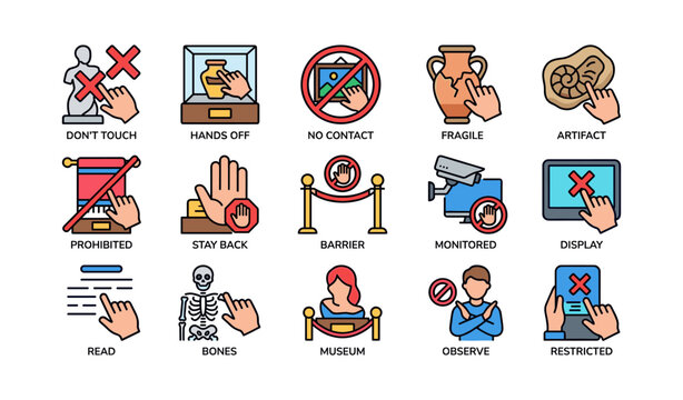 Museum guideline icons: rules prohibit touching contact fragile exhibits