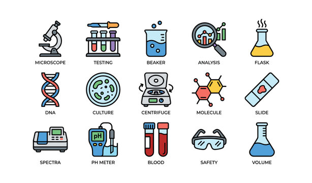 Colorful science icon set: microscope, dna, beaker, and more