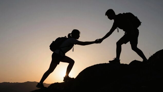 Silhouette of two hikers reaching a helping hand while climbing a mountain at sunrise