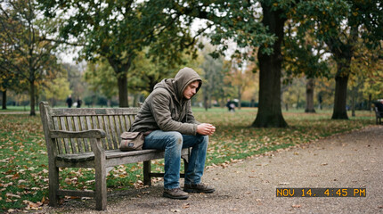 Fototapeta premium lonely man sitting on park bench, looking down