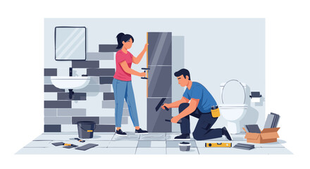 Fototapeta premium Couple laying new tiles during bathroom renovation. Home improvement and teamwork vector illustration