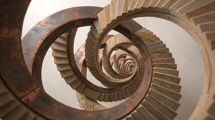 Fototapeta premium Intricate Impossible Architecture: A Fractal Spiral Staircase of Wood, Stone, and Copper, Evoking Endless Depth and Surreal Design.