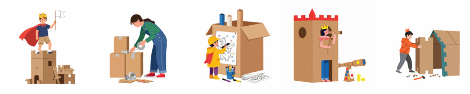 Vector illustration set of children playing and building creative structures like castles and towers using cardboard boxes, fostering imagination and DIY skills.