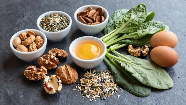 High angle studio shot of foods that are sources of vitamin e on dark background