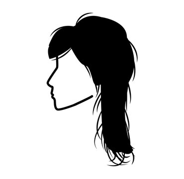 Wolf cut hairstyle silhouette profile view, layered hair shape messy texture structure simple outline for icon, avatar, logo, minimal beauty, fashion graphic