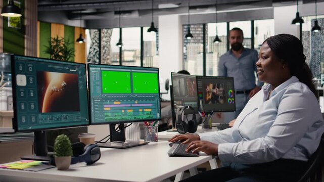 Mockup and AI generated video of the planet Mars displayed on dual monitors, scene shows woman using PC with artificial intelligence tools and neural networks for extraterrestrial space visuals.