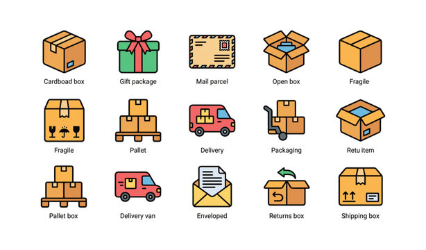 Logistics icons: delivery, packaging, shipping, mail, returns