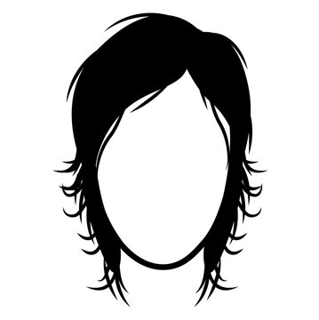 Mullet hairstyle silhouette front view, layered hair shape short front long back structure simple outline for icon, avatar, logo, minimal beauty, fashion graphic