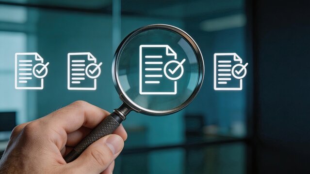 Hand holding magnifying glass examining document icon with checkmark auditing verifying data quality control business analysis compliance approval process digital security