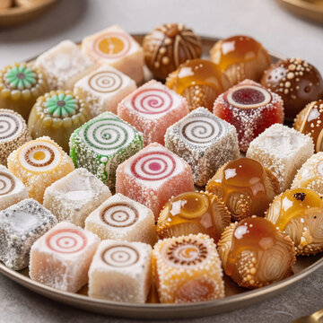 Sci-Fi Eid Nice. Colorful Eid Sweets Displayed On A Tray Under Bright Daylight