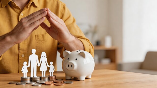 Man hands protecting paper cutout family standing on coin stacks near piggy bank symbolizing financial security savings insurance and investment planning for future stability and