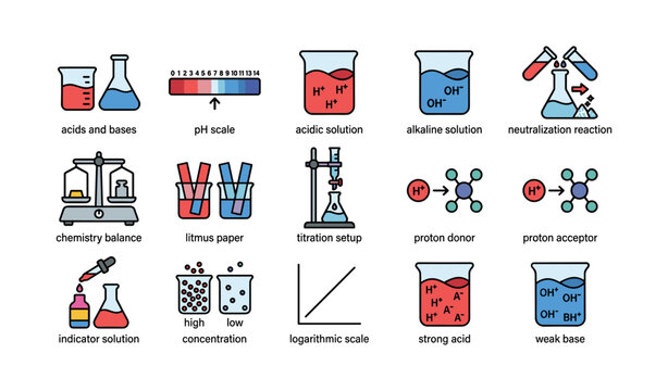 Illustrated chemistry icons featuring ph scale and titration setup