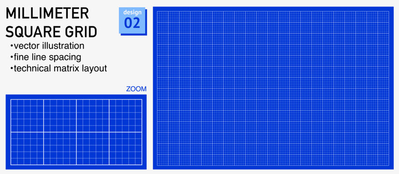 Blueprint grid system millimeter square geometry, zoom detail view. Fine lattice structure demonstration, engineering diagrams dashboards planning layouts interface systems digital graphics.