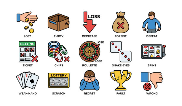 Gambling losses concept: regret and defeat icons