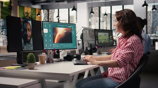 Employee operating AI chatbot to generate Mars and cosmic visuals, transforming text prompts and creating videos of the solar system. Generating extraterrestrial world content on computer.