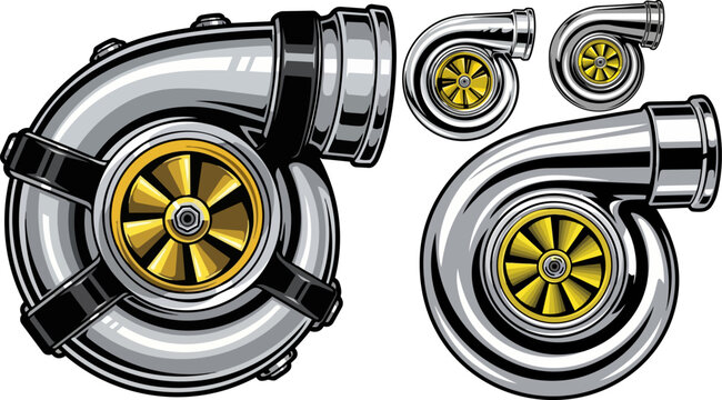 Chrome car turbocharger vector set, polished silver automotive turbo engine parts, high performance racing turbine icons for tuning and speed