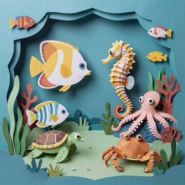 Editorial Illustration Ocean Marine. Paper Craft Ocean Scene Showcasing Layered Marine Life: Seahorse, Butterfly Fish, Moonfish, Turtle, Crab, Octopus In Algae Waves Under Coral Reef