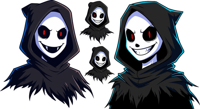 Creepy grim reaper character set, spooky hooded ghost with red eyes and white mask, dark horror phantom avatar collection for gaming and halloween