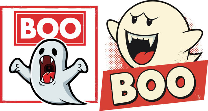 Halloween ghost cartoon vector set, spooky boo typography with cute phantom characters, red and white horror mascot illustrations for stickers