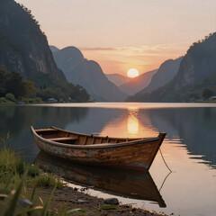 Fototapeta premium Editorial Illustration Boat Grass. A Boat Rests On A Sunset-Reflecting Lake, Framed By Mountains At Dusk