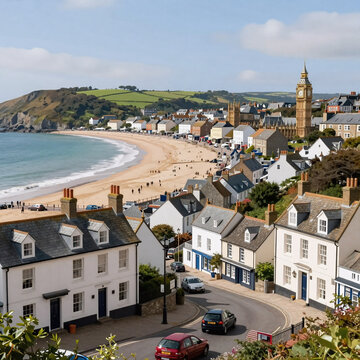 Storybook Illustration Travel Retro. Art Depicting Iconic British Tourist Destinations: Padstow, Cornwall; Porthcawl Bay, Wales; Exmouth, Devon; And London