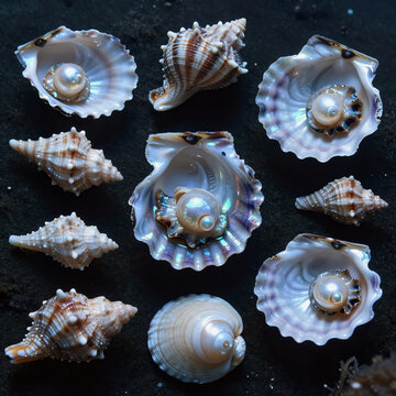 Blueprint Sea Open. Underwater Treasure Trove: Pearl-Bearing Seashells Open, Displaying Precious Gems Within