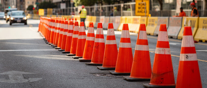 Orange and white cones marking construction zone or traffic lane change