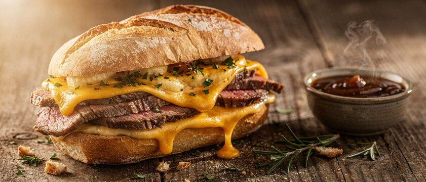 A mouthwatering steak sandwich featuring a tender cut of beef, melted cheese and garnishes. Served on rustic bread, this dish exudes flavor and comfort.