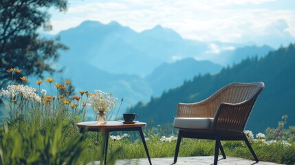 Naklejka premium Serene outdoor scene featuring a chair, table, flowers, coffee, and mountain backdrop