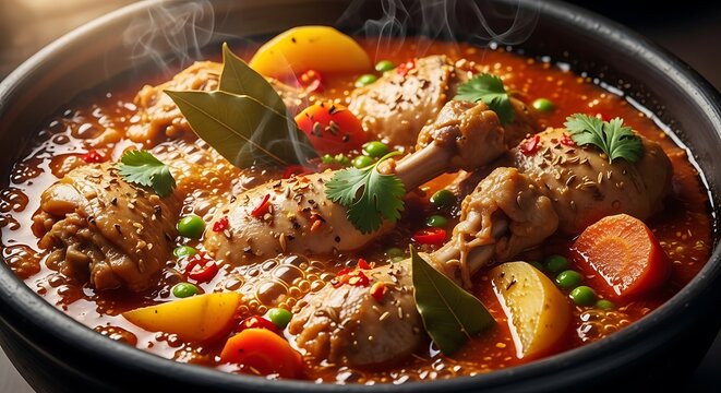 Slow cooked chicken drumstick curry with green peas and potatoes in a rich tomato sauce. estofado pollo