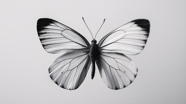Black and White Transparent Butterfly with Delicate Wings on Gray Background