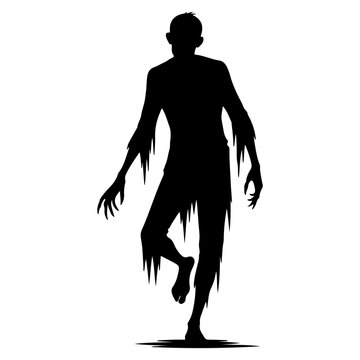Silhouette of a terrifying zombie walking with tattered clothes.