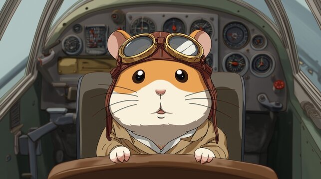 Cute animated hamster pilot flying vintage airplane in cockpit