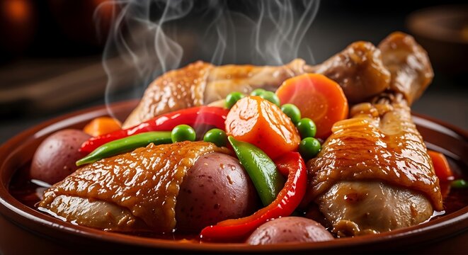 Delicious steaming hot chicken stew with fresh vegetables served in a traditional clay pot. estofado pollo