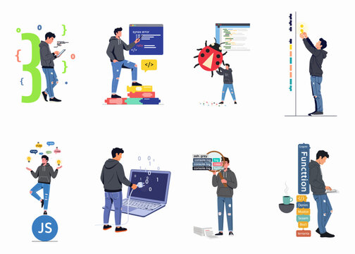 Set of vector illustrations featuring a male software developer engaged in various coding, debugging, and programming tasks like syntax error fixing and JavaScript development.