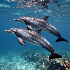 Obraz premium Sci-Fi Ocean Together. Detailed Vintage Engraving Depicts Two Dolphins Swimming Together In Their Ocean Habitat